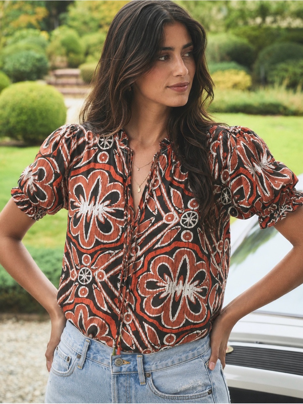 The Odells Anthropologie puff sleeves v-neck boho blouse like new size medium